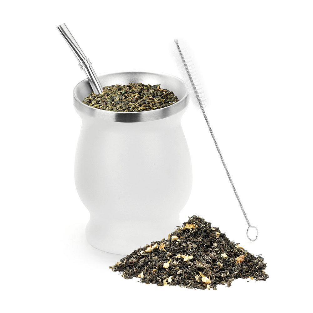 Novomates New Yerba Mate Gourd 8oz (237ml) - Best Yerba Mate Set - Double Wall Stainless Steel Yerba Mate Cup with Stainless Steel Mate Bombilla Straw